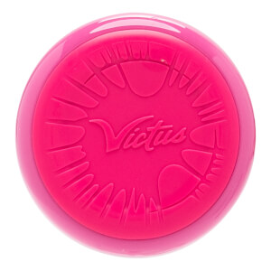 Top-down view of a pink baseball bat end cap with an embossed Victus logo and a textured pattern.