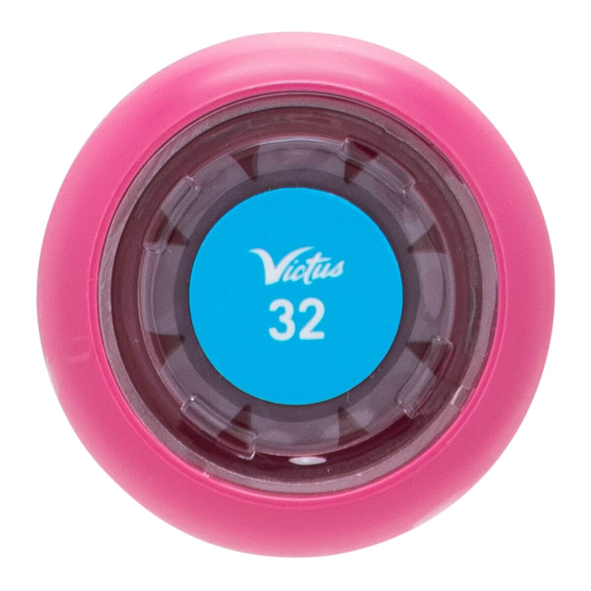 Top-down view of a pink baseball bat end cap with a blue circular insert showing Victus and 32.