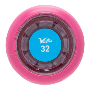Top-down view of a pink baseball bat end cap with a blue circular insert showing Victus and 32.