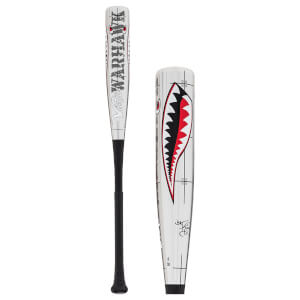 Side view of a white baseball bat with Victus Warhawk branding and a shark mouth graphic on its barrel.
