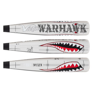 Full view of a white baseball bat with Victus WARHAWK text, a shark mouth graphic, and black and red accents.