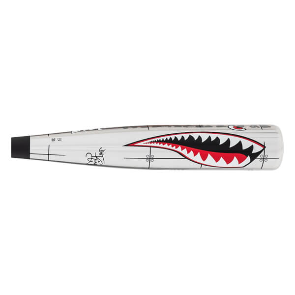 Side view of a white baseball bat with a large red and black shark mouth graphic and a black end cap.