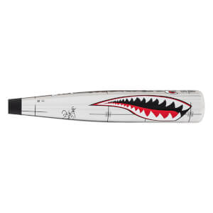 Side view of a white baseball bat with a large red and black shark mouth graphic and a black end cap.
