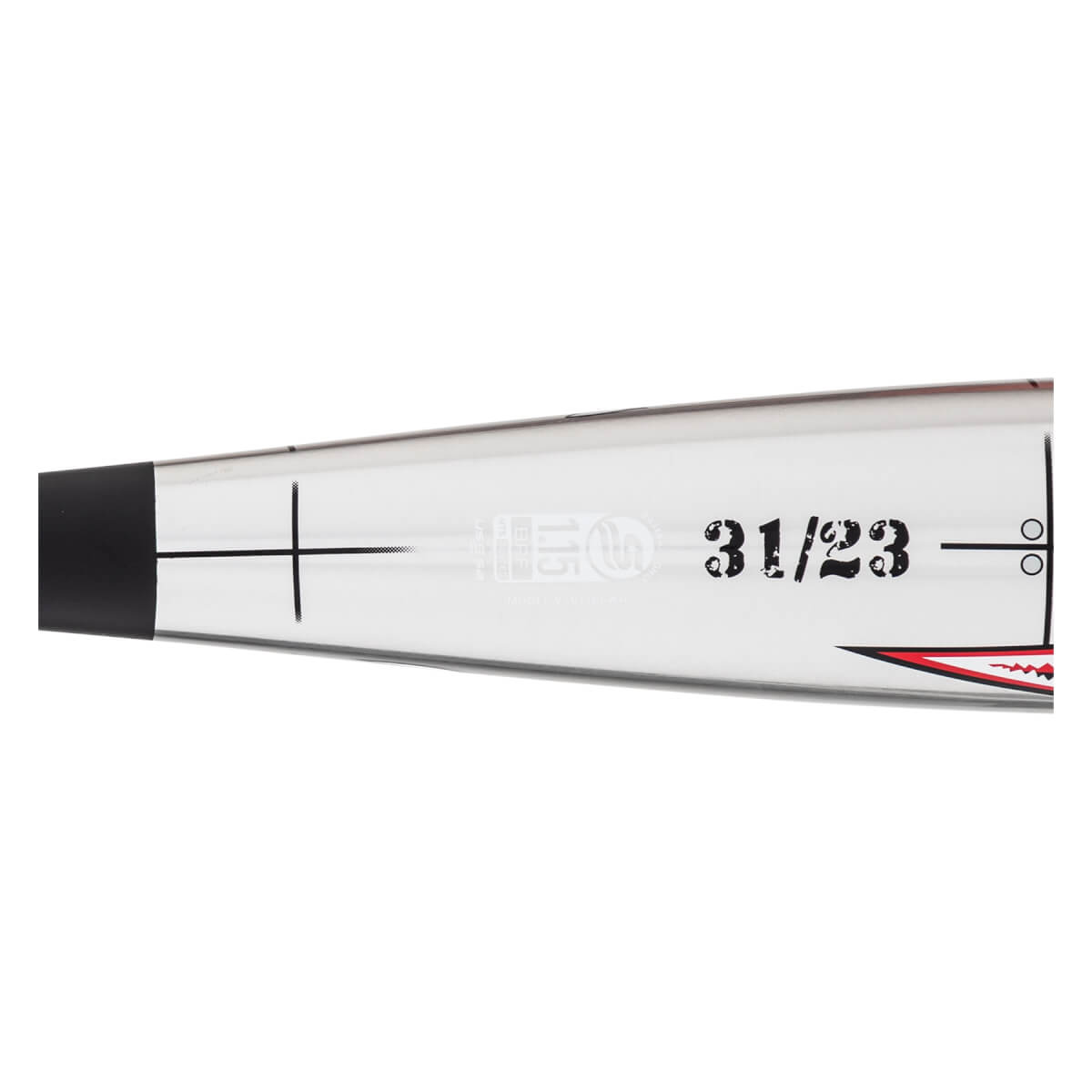 Close-up side view of a white baseball bat with a black end cap, 31/23 printed, and a red and black jagged graphic.