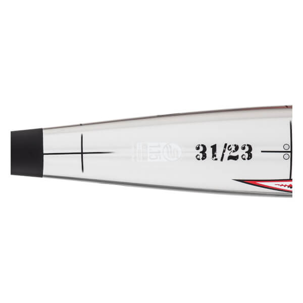 Close-up side view of a white baseball bat with a black end cap, 31/23 printed, and a red and black jagged graphic.