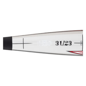 Close-up side view of a white baseball bat with a black end cap, 31/23 printed, and a red and black jagged graphic.
