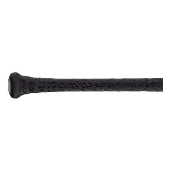 Side view of a black baseball bat handle with a spiral-wrapped, perforated grip and a rounded knob.