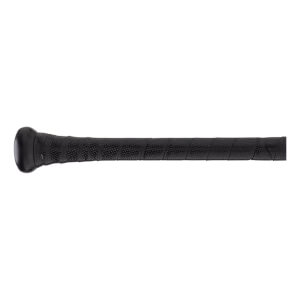 Side view of a black baseball bat handle with a spiral-wrapped, perforated grip and a rounded knob.