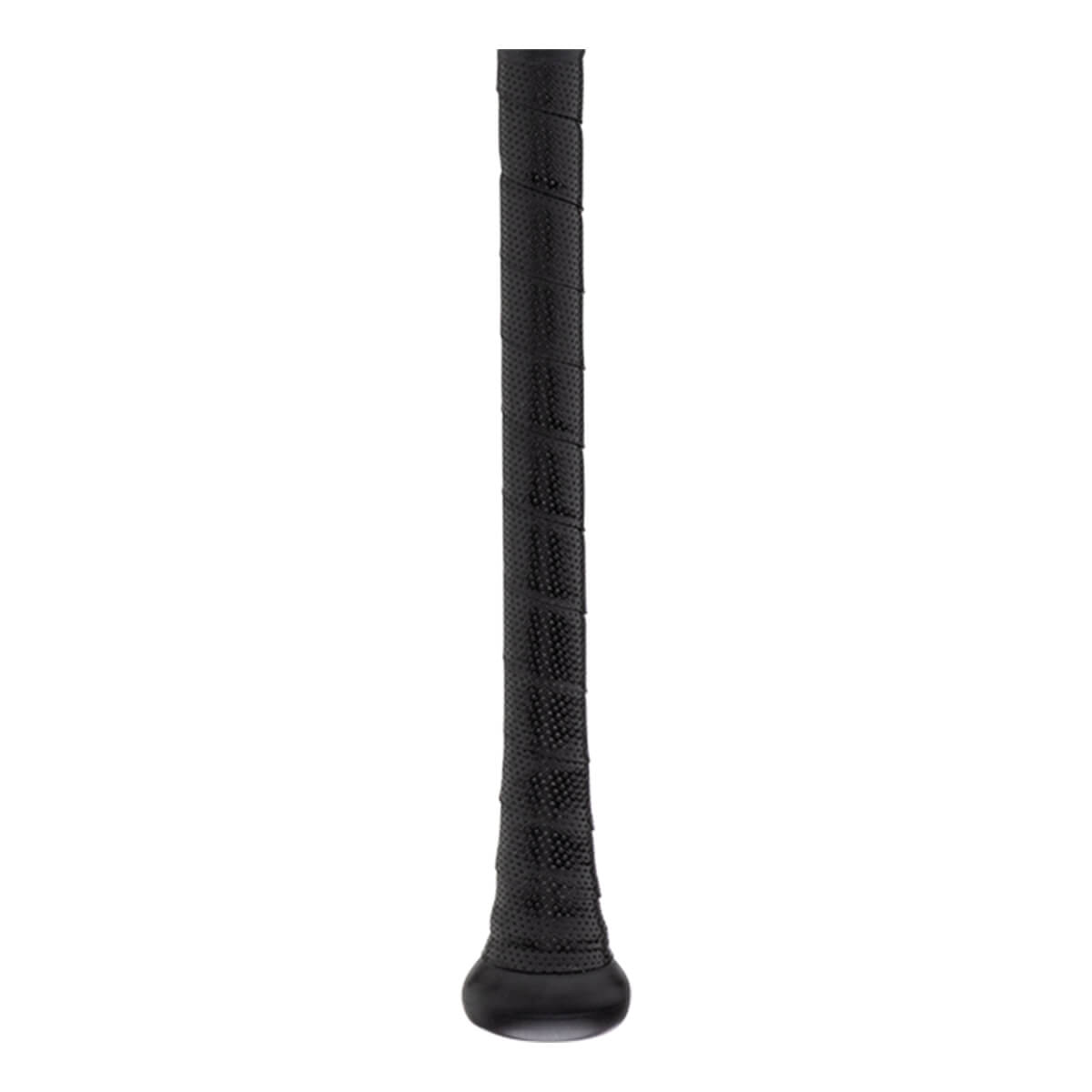 Close-up of a black baseball bat handle with a textured, wrapped grip and a visible knob.