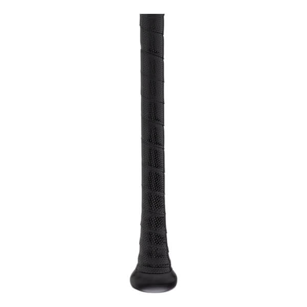 Close-up of a black baseball bat handle with a textured, wrapped grip and a visible knob.