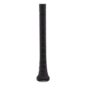 Close-up of a black baseball bat handle with a textured, wrapped grip and a visible knob.