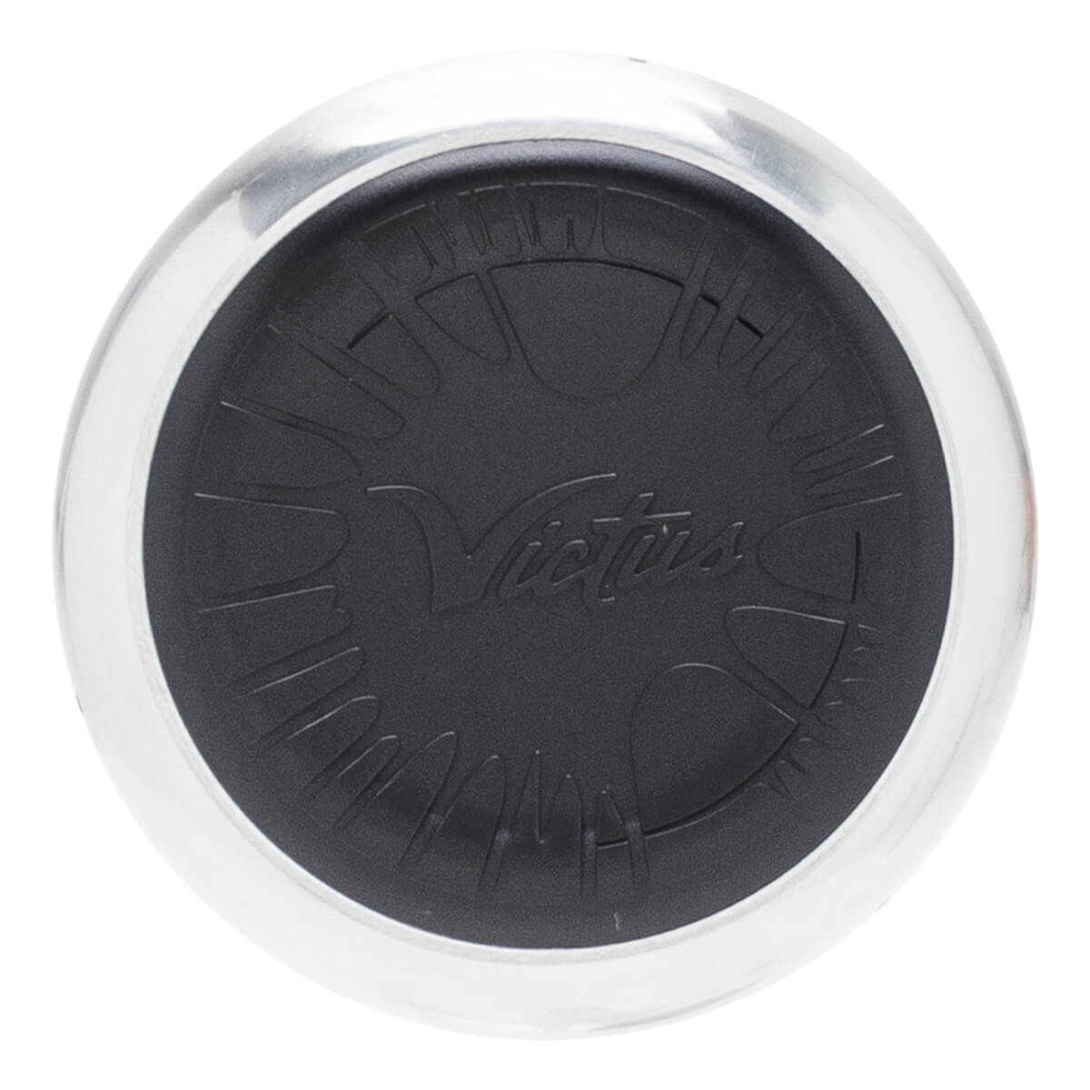 Top-down view of a black baseball bat end cap with an embossed Victus logo and silver edge.