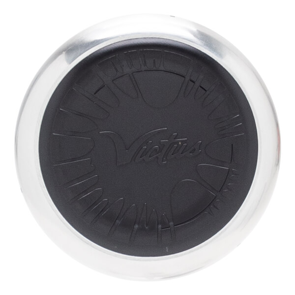 Top-down view of a black baseball bat end cap with an embossed Victus logo and silver edge.