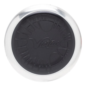 Top-down view of a black baseball bat end cap with an embossed Victus logo and silver edge.