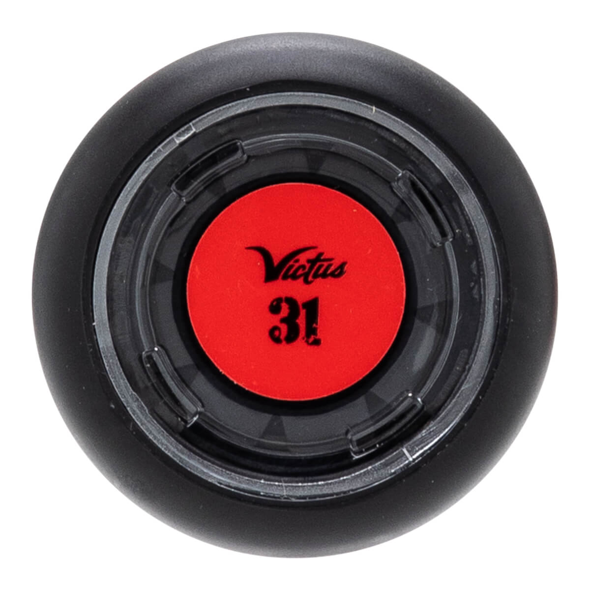 Top-down view of a black baseball bat end cap with a red circular insert featuring the Victus logo and number 31.