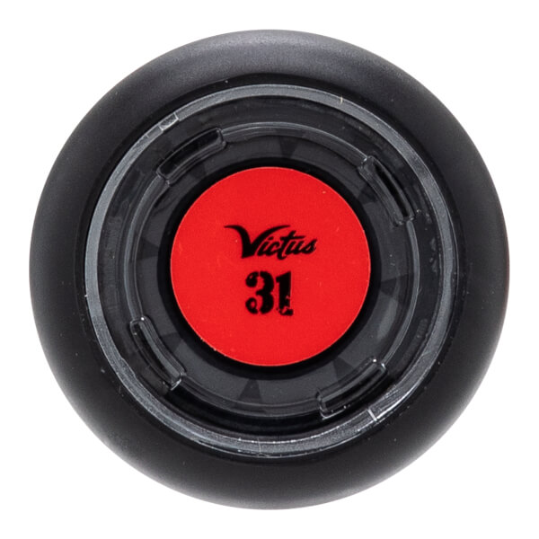 Top-down view of a black baseball bat end cap with a red circular insert featuring the Victus logo and number 31.