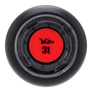 Top-down view of a black baseball bat end cap with a red circular insert featuring the Victus logo and number 31.