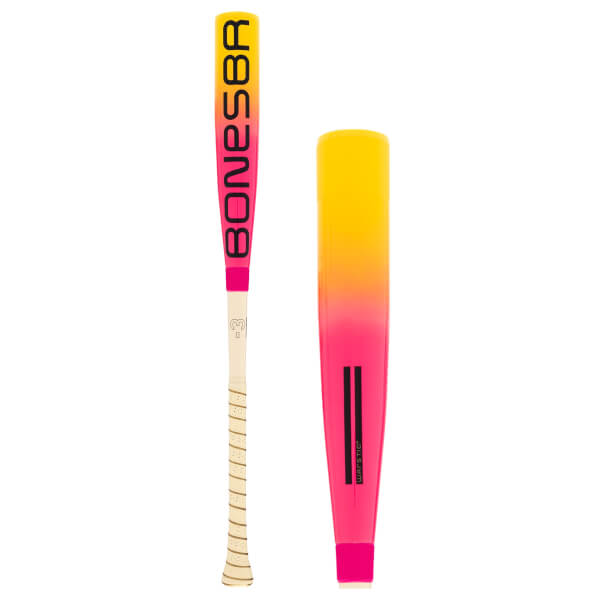 Two views of a yellow-to-pink gradient baseball bat: a full front view with BONESBR and a barrel close-up.