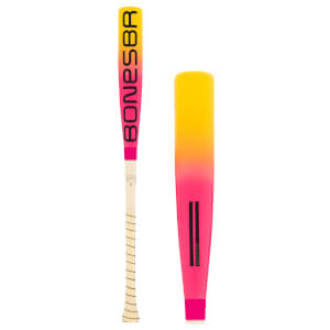 Two views of a yellow-to-pink gradient baseball bat: a full front view with BONESBR and a barrel close-up.