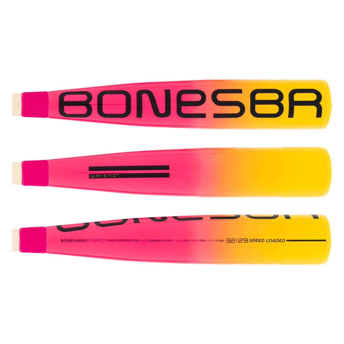 Three side views of a pink and yellow gradient baseball bat with BONESBR, WARSTIC, and BONESABER HYBRID text.