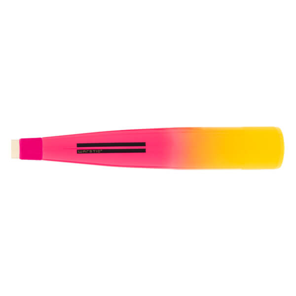 Side view of a pink, orange, and yellow gradient baseball bat with a white knob and black WARSTIC logo.