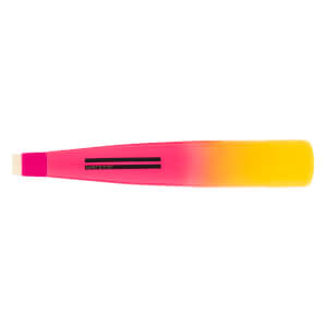 Side view of a pink, orange, and yellow gradient baseball bat with a white knob and black WARSTIC logo.