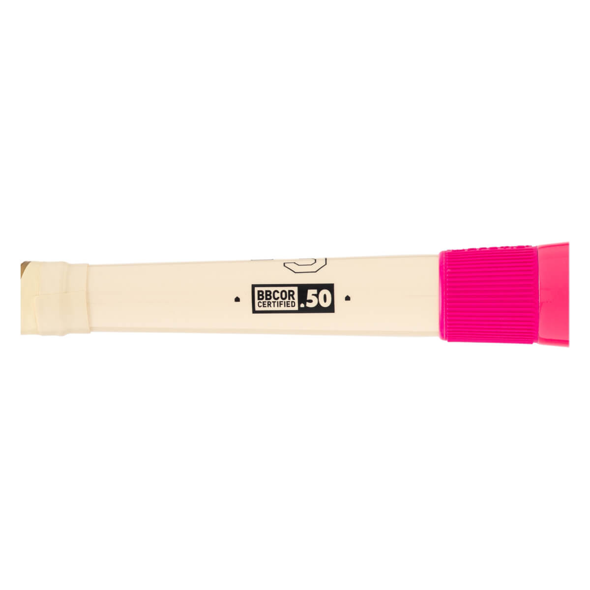 Side view of an off-white baseball bat with a bright pink grip, BBCOR CERTIFIED 50 logo, and light tan tape.