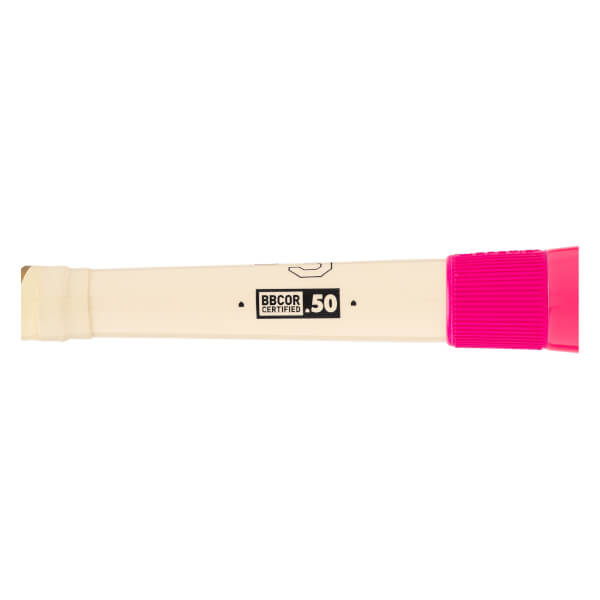 Side view of an off-white baseball bat with a bright pink grip, BBCOR CERTIFIED 50 logo, and light tan tape.