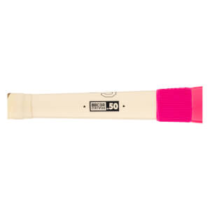 Side view of an off-white baseball bat with a bright pink grip, BBCOR CERTIFIED 50 logo, and light tan tape.