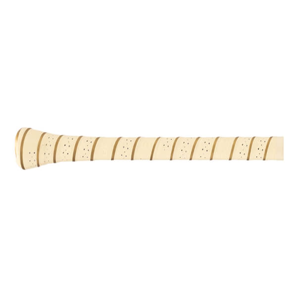 Close-up of a cream and tan baseball bat grip with diagonal stripes and small perforations.