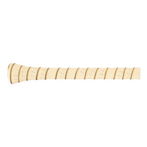 Close-up of a cream and tan baseball bat grip with diagonal stripes and small perforations.