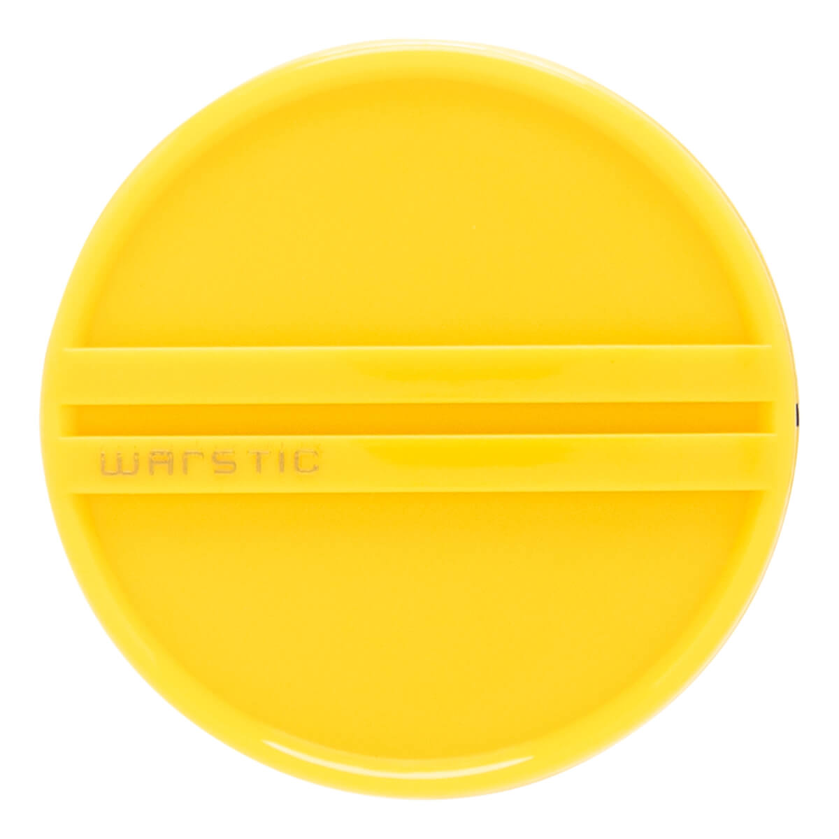Top-down view of a yellow baseball bat end cap with a circular shape, two raised horizontal lines, and WARSTIC embossed.