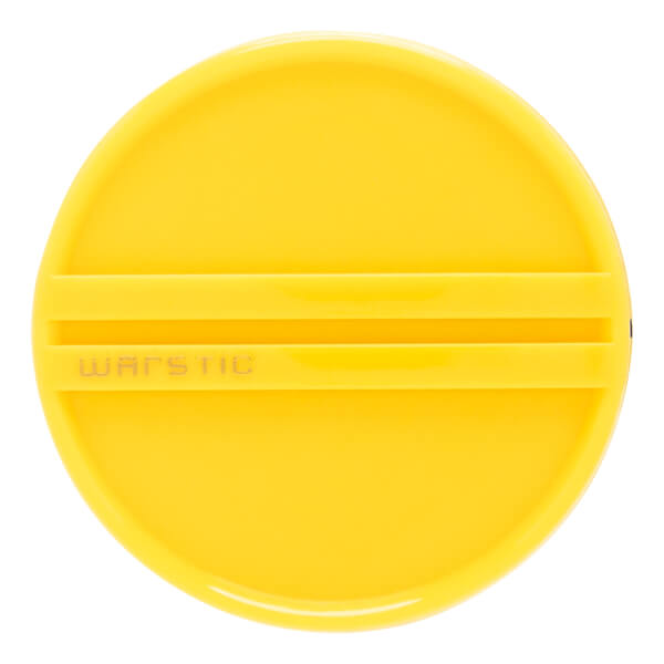 Top-down view of a yellow baseball bat end cap with a circular shape, two raised horizontal lines, and WARSTIC embossed.