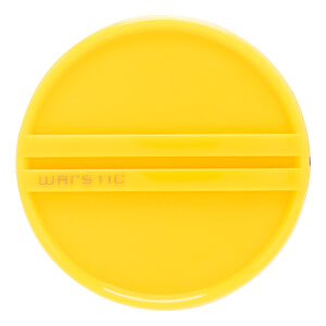 Top-down view of a yellow baseball bat end cap with a circular shape, two raised horizontal lines, and WARSTIC embossed.