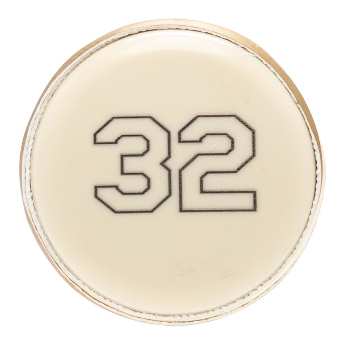 Top-down view of a cream bat end cap with a black outlined number 32 printed centrally.