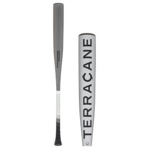Two side views of a gray baseball bat with WARSTIC branding, TERRACANE branding, and a white-to-black gradient grip.
