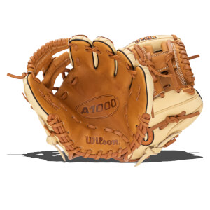 Front view of a tan Wilson A1000 baseball glove with tan lacing and a black binding.