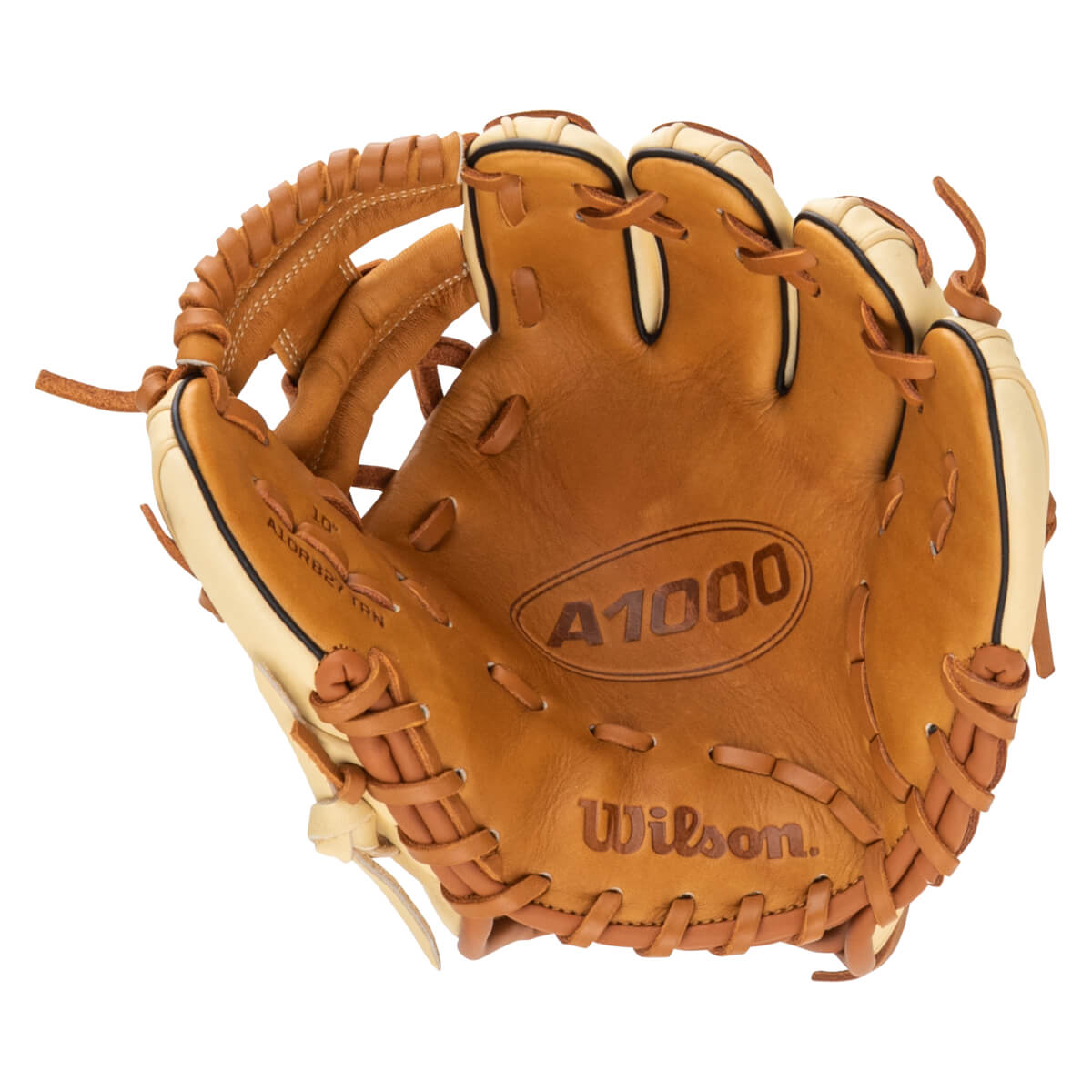 Top-down view of a tan Wilson A1000 baseball glove with "A1000" and "Wilson" embossed on the palm.