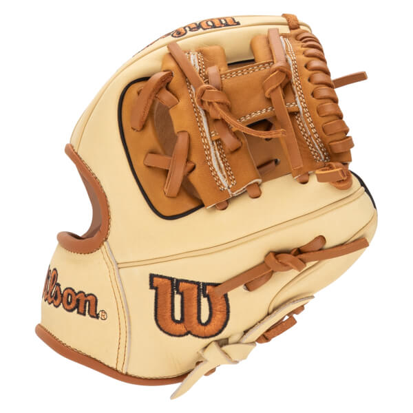 Front view of a tan baseball glove with brown lacing and embroidered "Wilson" and "W" logos.