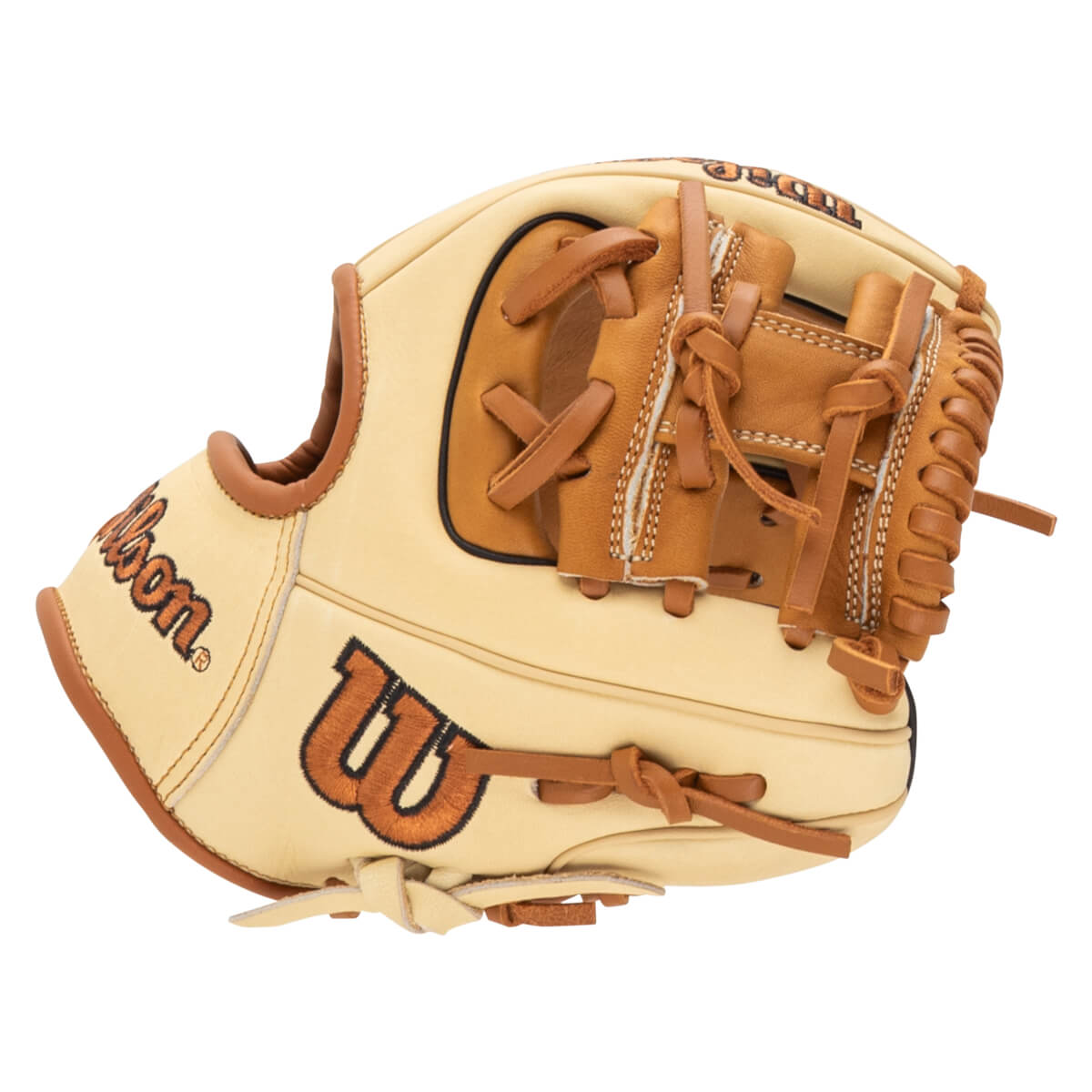 Side view of a tan baseball glove with brown laces and "Wilson" logo.