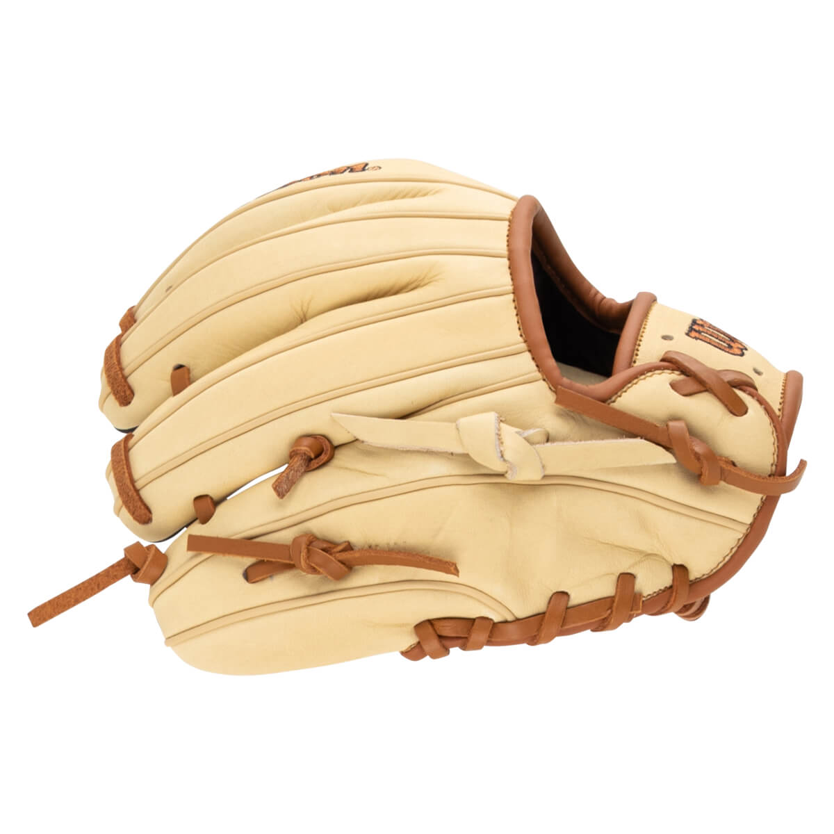 Side view of a tan baseball glove with brown lacing and a visible "DS" logo.