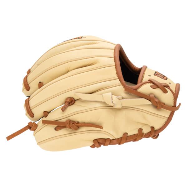 Side view of a tan baseball glove with brown lacing and a visible "DS" logo.