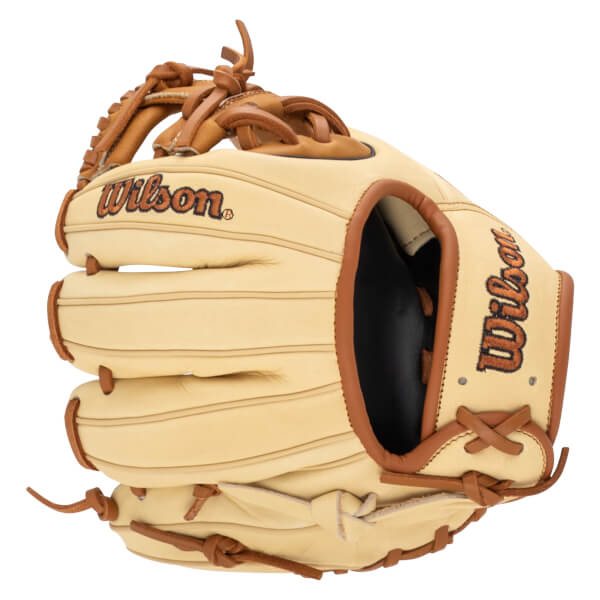 Side view of a tan Wilson baseball glove with brown lacing and embroidered "Wilson" logo.