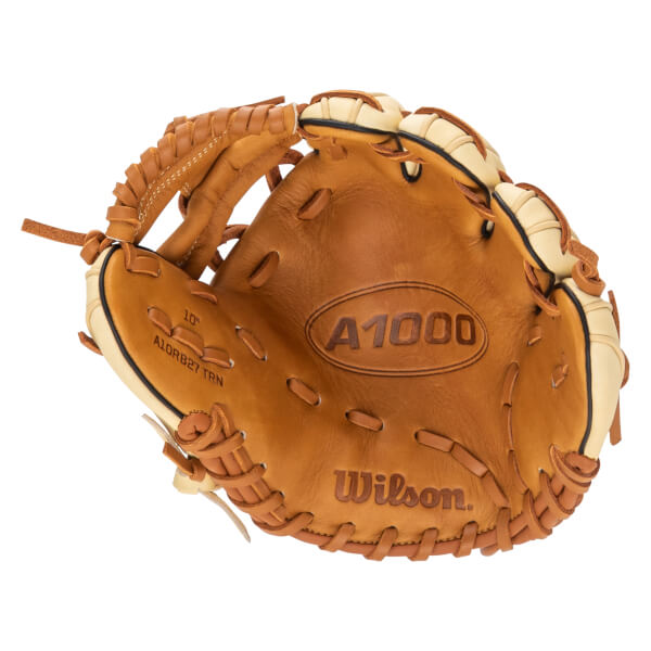 Top-down view of a tan baseball glove with "A1000" and "Wilson" embossed on the palm.