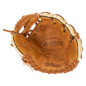 Top-down view of a tan baseball glove with "A1000" and "Wilson" embossed on the palm.
