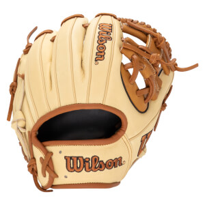 Front view of a tan baseball glove with brown lacing and "Wilson" embroidered on the palm.
