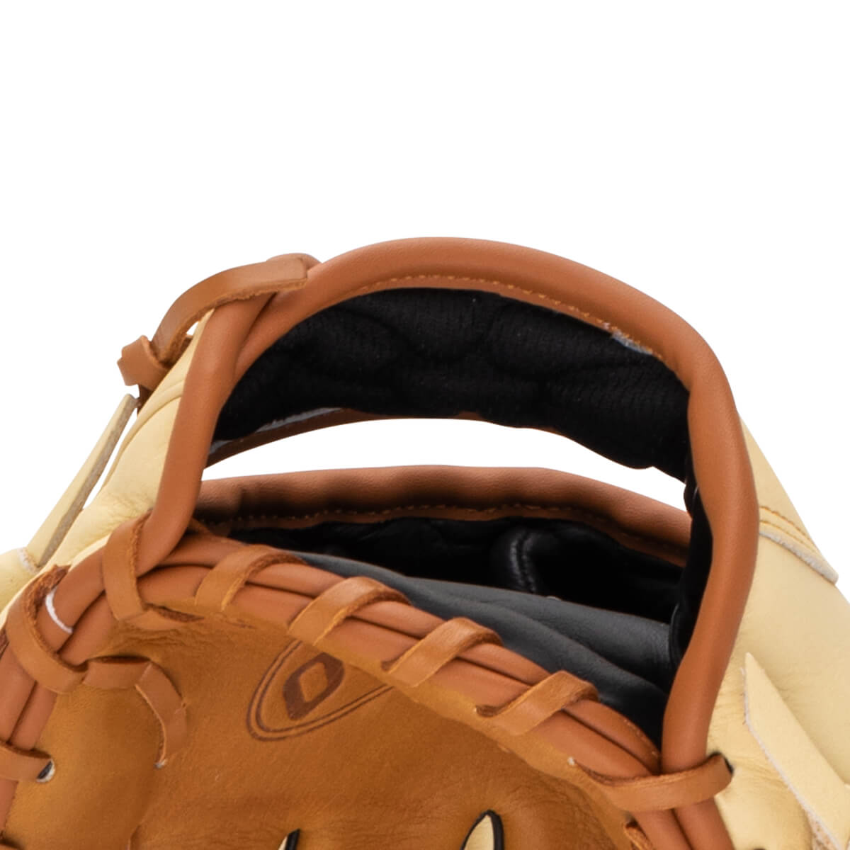 Close-up of a baseball glove's wrist strap and pocket, showing tan leather and black padding.