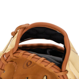 Close-up of a baseball glove's wrist strap and pocket, showing tan leather and black padding.