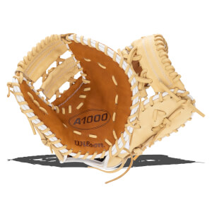 Top-down view of a tan baseball glove with white lacing and "A1000 Wilson" branding.