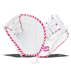 Front view of a white Wilson A1000 softball glove with pink lacing and a pink Wilson logo.